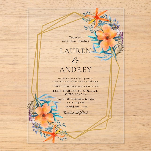 Elegant Gold Frame Wedding  Acrylic Invitations (Front)