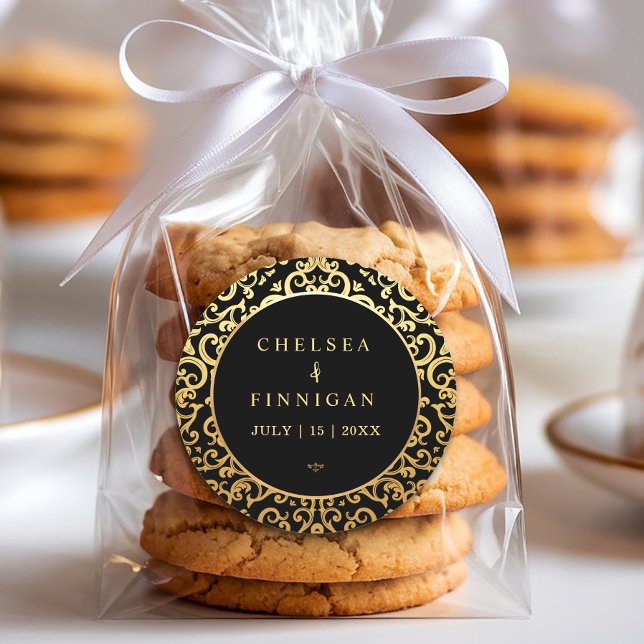 Elegant gold Frame Wedding  Classic Round Sticker (#weddingsticker #goldfoilsticker #luxurywedding #blackandgold #favorwedding #elegantgoldframe)