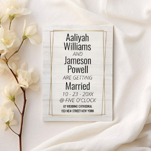 Elegant gold frame white wood typography Wedding Invitation