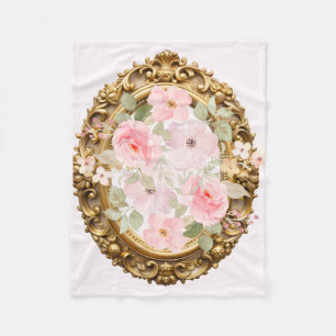 Elegant Gold Frame with Pink Watercolor Flowers Fleece Blanket