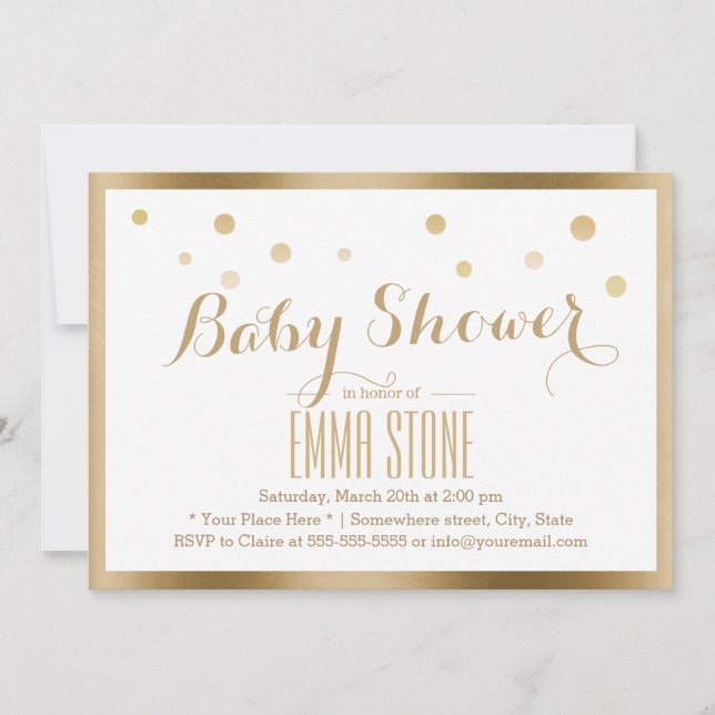 Elegant Gold Framed Confetti Dots Baby Shower Invitation (Front)