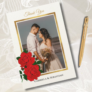 Elegant Gold Framed Newlyweds Photo Red Roses Thank You Card