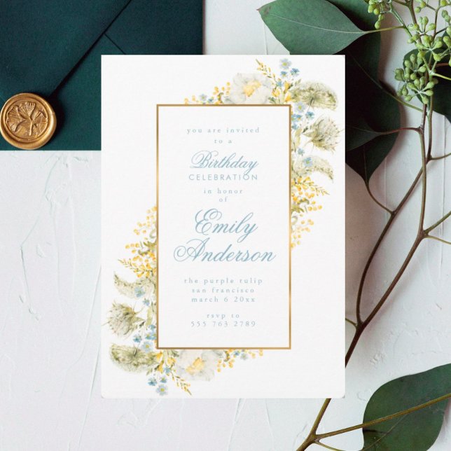 Elegant Gold Framed Wildflower Birthday Party Invitation (Creator Uploaded)