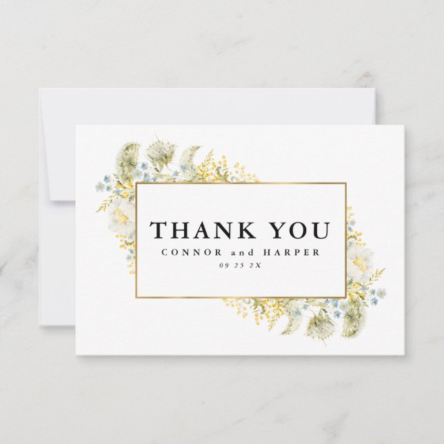 Elegant Gold Framed Wildflower Edging Wedding Thank You Card (Front)