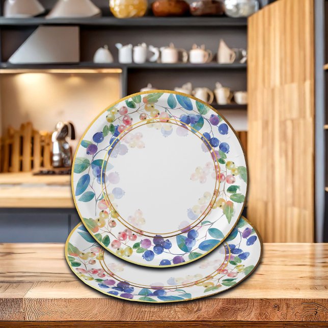 Elegant Gold Frames Watercolor Berries Paper Plate (Creator Uploaded)