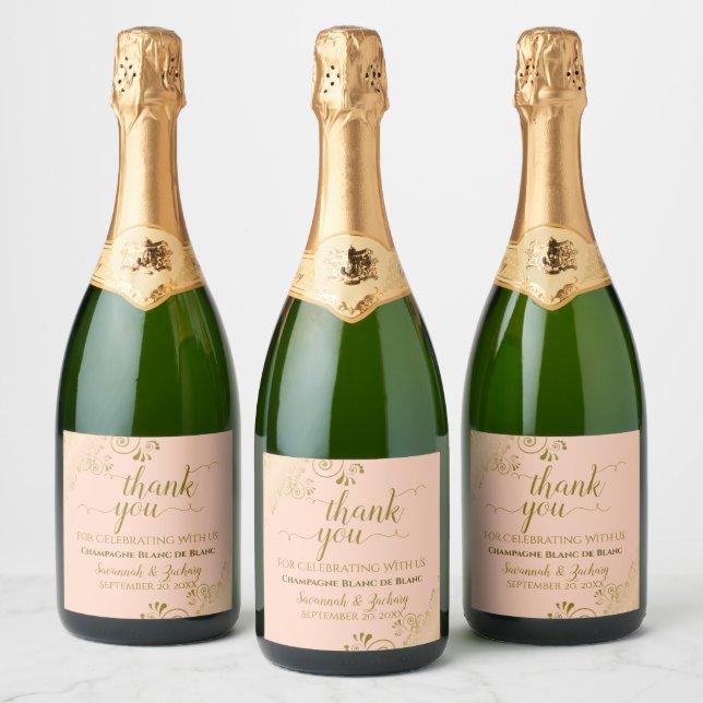 Elegant Gold Frills Coral Peach Wedding Thank You Sparkling Wine Label (Bottles)