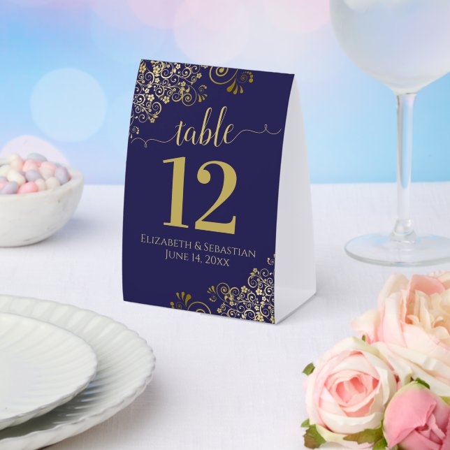 Elegant Gold Frills Navy Blue Wedding Table Number (Insitu(Wedding))