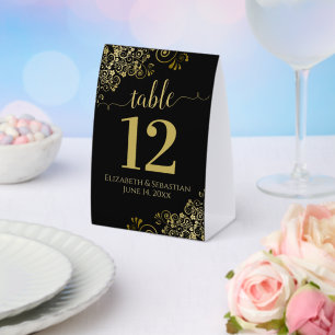 Elegant Gold Frills on Black Wedding Table Number