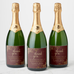 Elegant Gold Frills on Burgundy Wedding Thank You Sparkling Wine Label