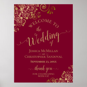 Elegant Gold Frills on Burgundy Wedding Welcome Poster
