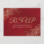 Elegant Gold Frills on Crimson Red Wedding RSVP Postcard<br><div class="desc">These RSVP postcards will make it easy for your guests to respond to your wedding invitation. They feature a sophisticated classy design with gold text on a lush marbled red background. The corners of the card are decorated with a lacy curly floral filigree. The back has a place to indicate...</div>