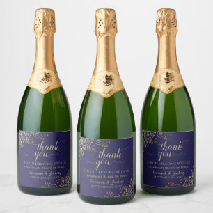 Elegant Gold Frills on Navy Blue Wedding Thank You Sparkling Wine Label