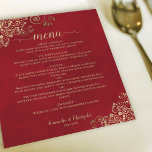 Elegant Gold Frills on Red Budget Wedding Menu<br><div class="desc">These beautiful wedding menus are simple,  elegant,  and stylish while still being budget friendly and affordable. They feature a classy and glamourous design with golden faux foil curls and swirls,  and script calligraphy on a marbled crimson red background.</div>