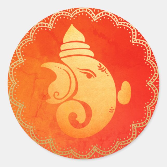 Elegant Gold Ganapati Indian Hindu God Red  Classic Round Sticker (Front)
