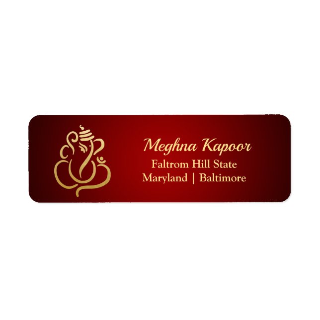 Elegant Gold Ganesh/ Indian God Red Return Address Label (Front)