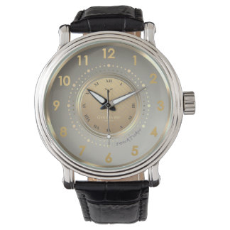 Elegant Gold Geometric Dark Leather Sleek Custom Watch