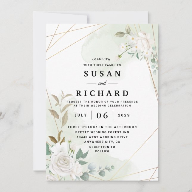 Elegant Gold Geometric Floral Greenery Wedding Invitation (Front)