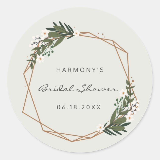 Elegant Gold Geometric Greenery Boho Bridal Shower Classic Round Sticker (Front)