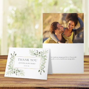 Elegant Gold Geometric Greenery Photo Wedding Thank You Card