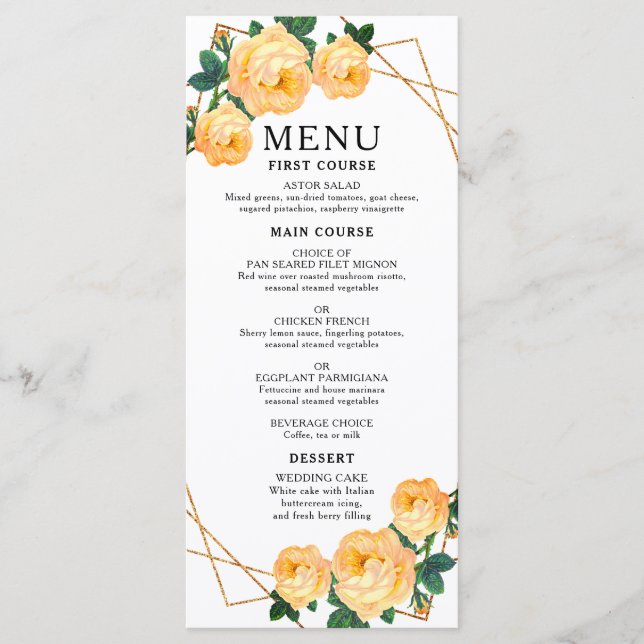 Elegant Gold Geometric Orange Floral Boho Wedding Menu (Front)