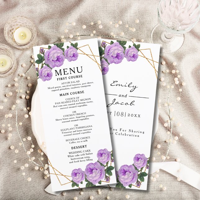 Elegant Gold Geometric Purple Floral Boho Wedding Menu (Elegant Gold Geometric Purple Floral Boho Wedding Menu Cover)