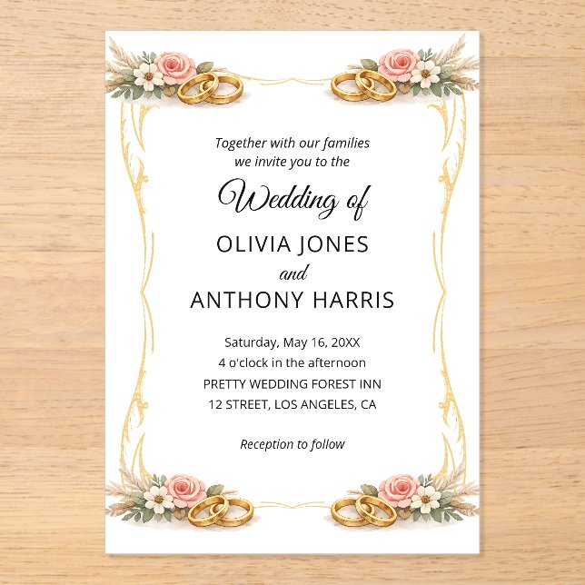 Elegant Gold Geometric Rustic Floral Wedding  Acrylic Invitations (Front)