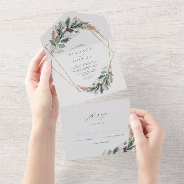 Elegant Gold Geometric Winter Greenery Wedding All In One Invitation (Tearaway)