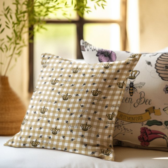 Elegant Gold Gingham Royal Queen Bee Pattern Cushion (Elegant Gold Gingham Pattern with a Hand-Drawn Vintage Inspired Buzzing Queen Bee & her Royal Crown)