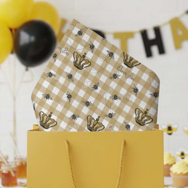 Elegant Gold Gingham Royal Queen Bee Pattern Tissue Paper (Gold and White Gingham with Vintage Gold Crown and Bees Pattern Birthday Tissue Paper for Her.)