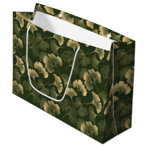 Elegant Gold Ginkgo Leaves Emerald Green Large Gift Bag