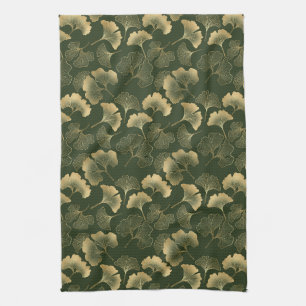 Elegant Gold Ginkgo Leaves Emerald Green Tea Towel