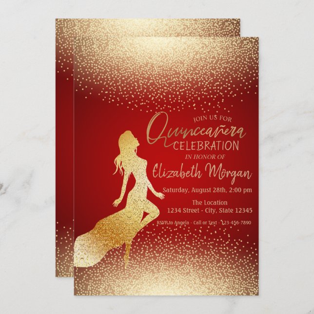 Elegant Gold Girl Silhouette,Confetti  Quinceañera Invitation (Front/Back)