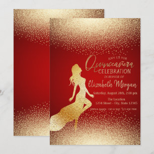 Elegant Gold Girl Silhouette,Confetti  Quinceañera Invitation