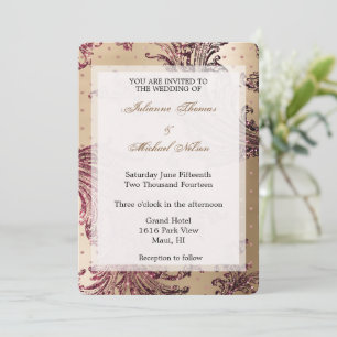 Elegant Gold Glam Burgundy Hearts Wedding Invitation