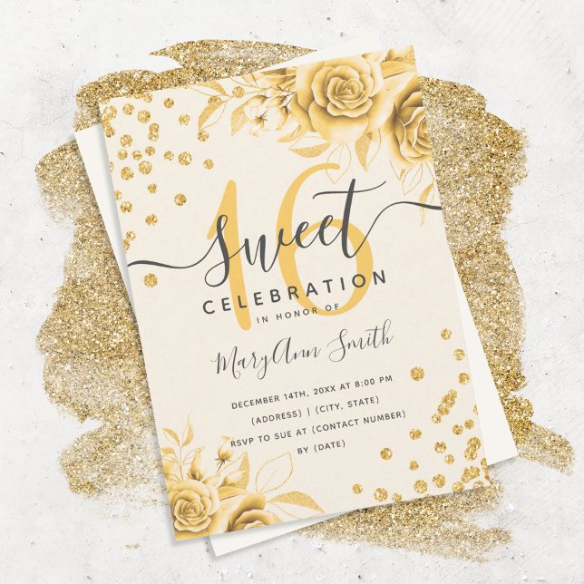 Elegant Gold Glam Floral Glitter Sweet Sixteen Invitation (Creator Uploaded)