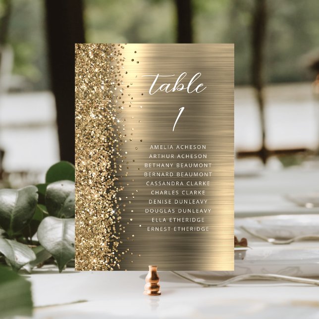 Elegant Gold Glam Glitter Metallic Script Wedding Table Number (Creator Uploaded)