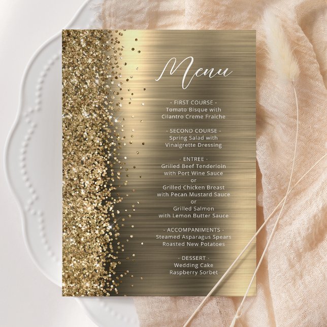 Elegant Gold Glam Glitter Script Wedding Menu (Creator Uploaded)