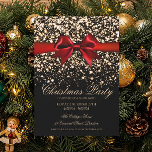 Elegant Gold Glam Red Bow Christmas Party  Invitation