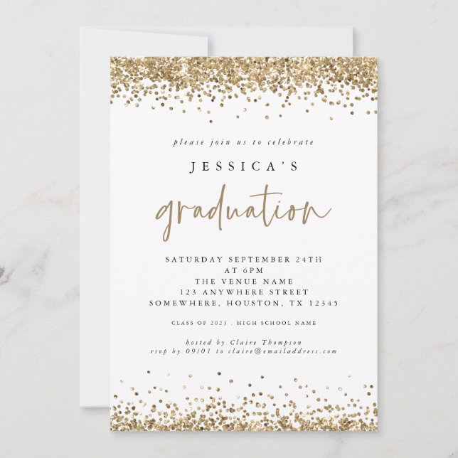 Elegant Gold Glitter 2024 Graduation White Invitation (Front)