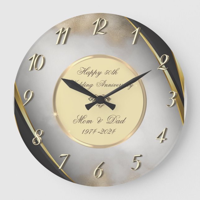 Elegant Gold Glitter 50 Wedding Anniversary Large Clock (Front)