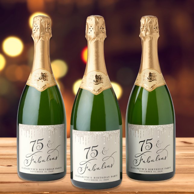 Elegant Gold Glitter 75th Birthday Party Sparkling Wine Label (Creator Uploaded)