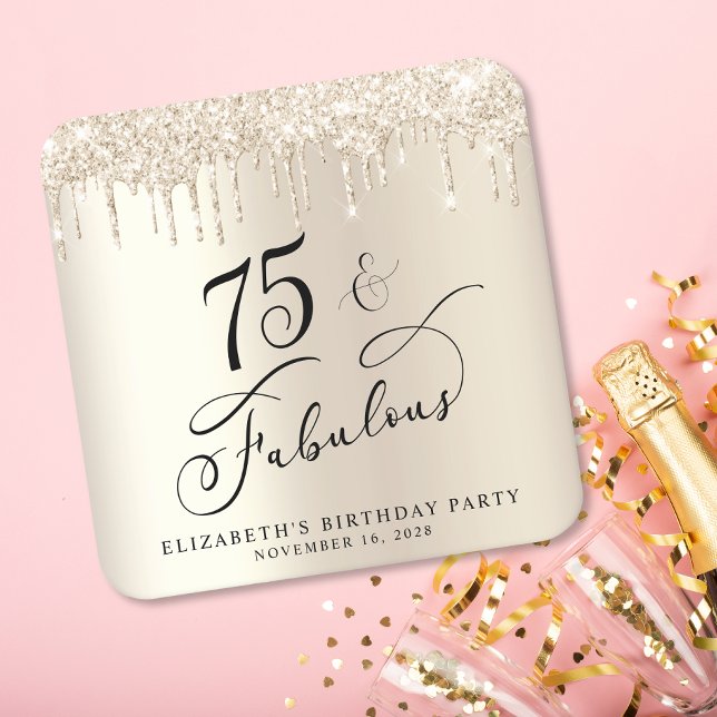 Elegant Gold Glitter 75th Birthday Party Square Paper Coaster (Creator Uploaded)