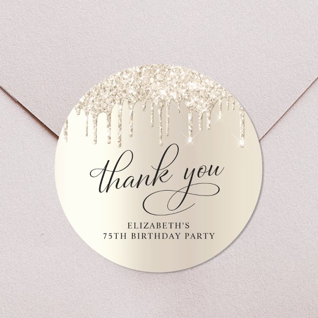 Elegant Gold Glitter 75th Birthday Party Thank You Classic Round Sticker (Creator Uploaded)