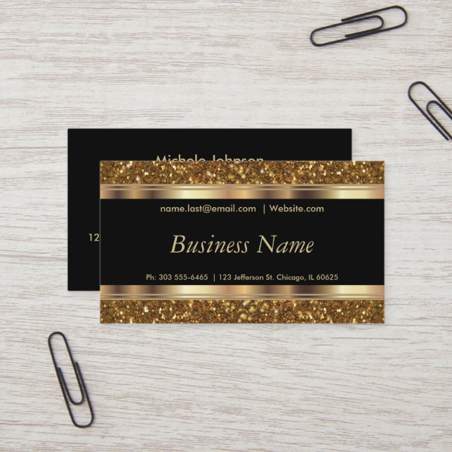 Elegant Gold Glitter and Black Business Card (Front/Back In Situ)