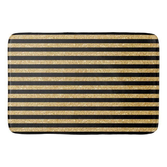 Elegant Gold Glitter and Black Stripe Pattern Bath Mat (Front)