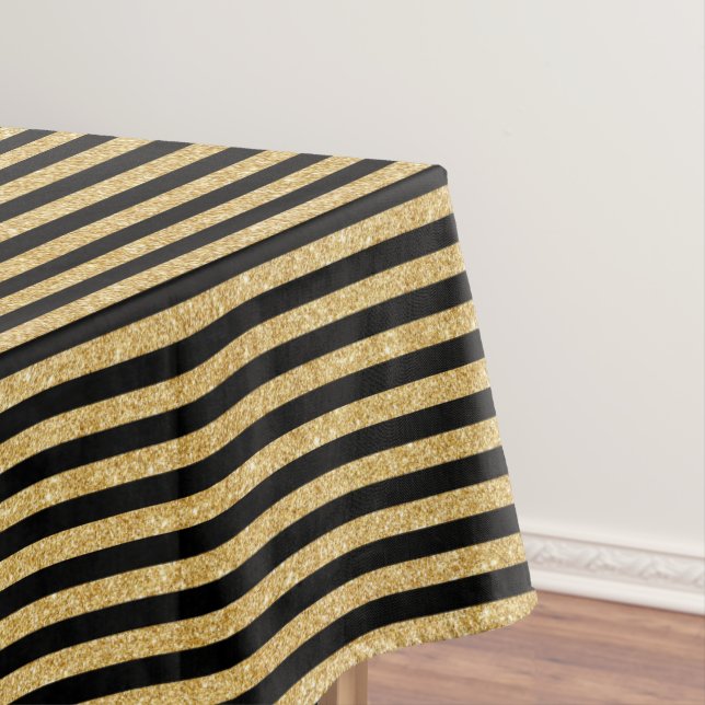 Elegant Gold Glitter and Black Stripe Pattern Tablecloth (In Situ)