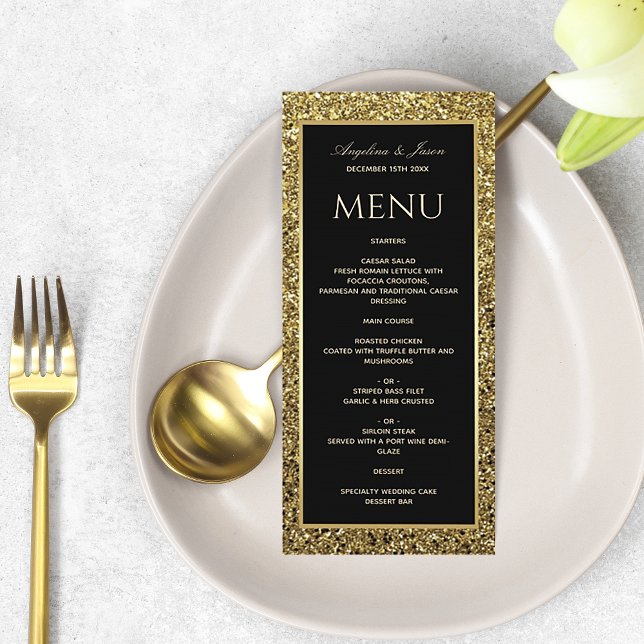 Elegant Gold Glitter and Black Wedding Menu (Creator Uploaded)