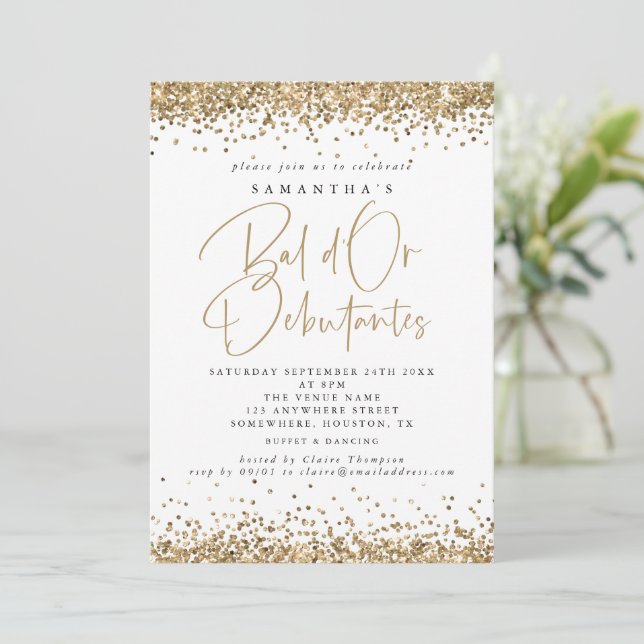 Elegant Gold Glitter Bal D Or Debutantes Party  Invitation (Standing Front)