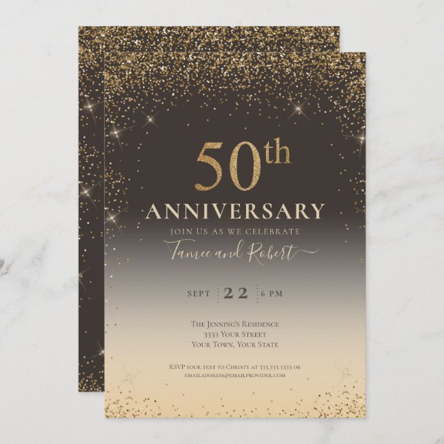 Elegant Gold Glitter Balloon 50th Anniversary Invitation (Front/Back)