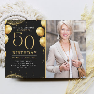 Elegant Gold Glitter Birthday 50th With Photo Invitation